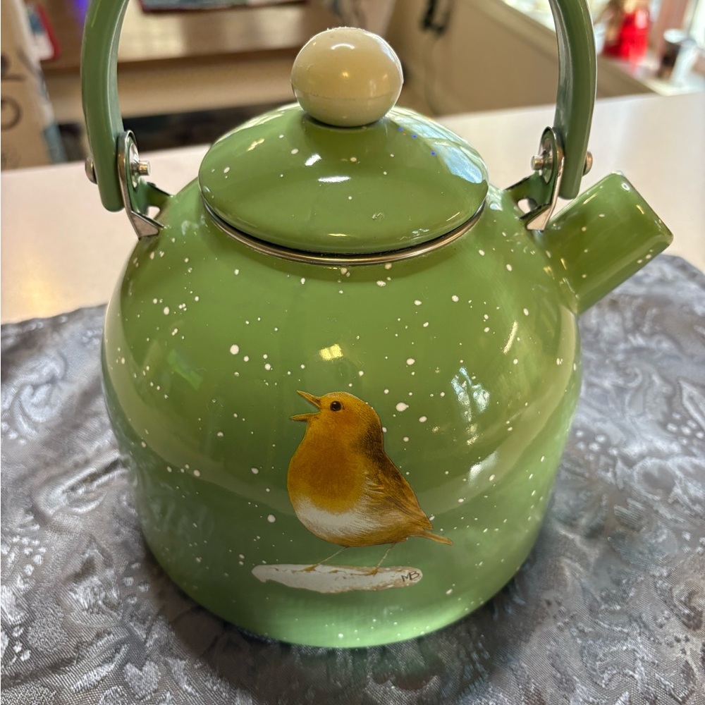 Vintage Marjulein Bastin Snow Green Speckled Enamel Tea Kettle - Picture 3 of 10